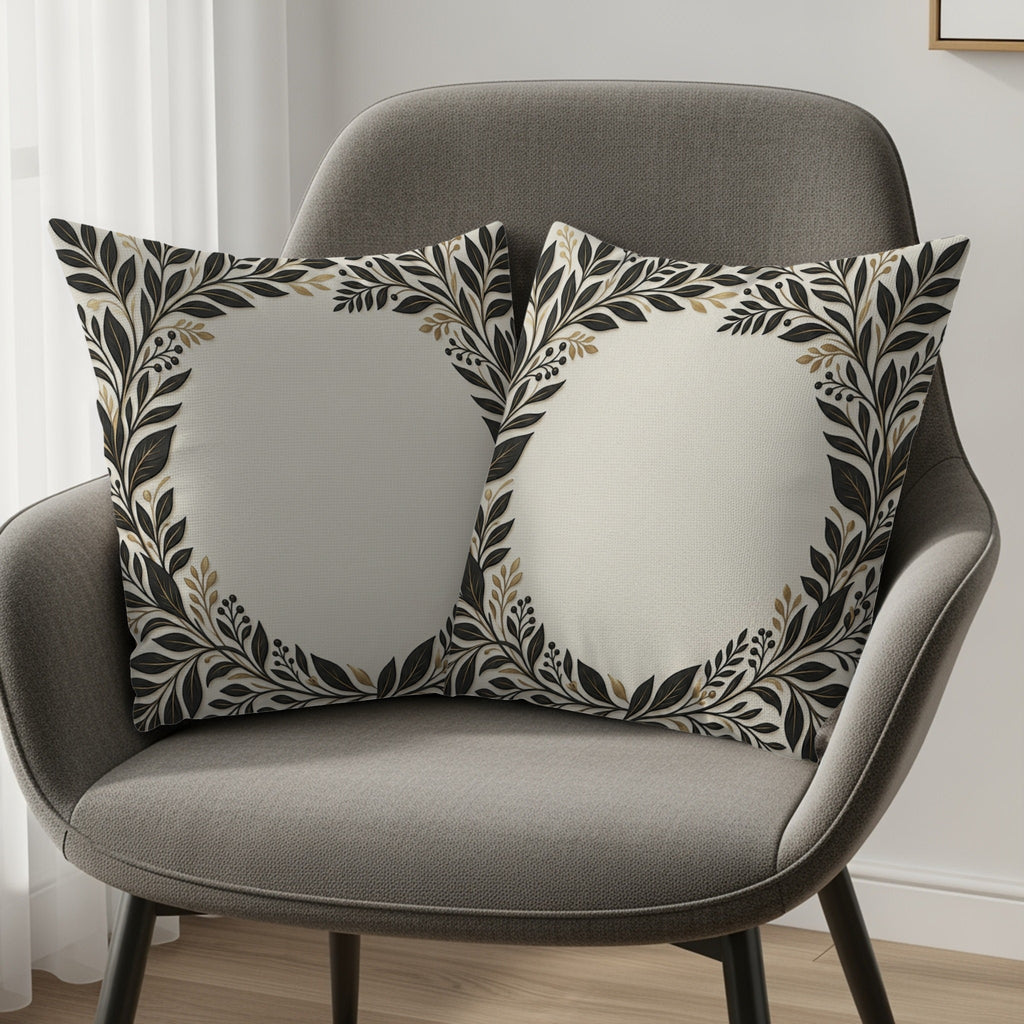 Two throw pillows with cream centers and black and gold floral borders on a gray chair.