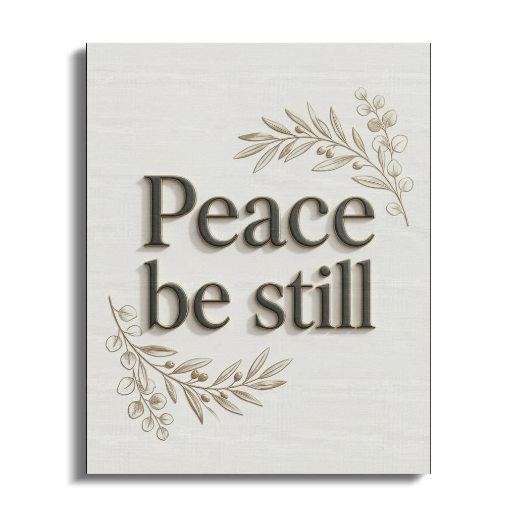 Canvas art with "Peace be still" text and botanical sprigs.