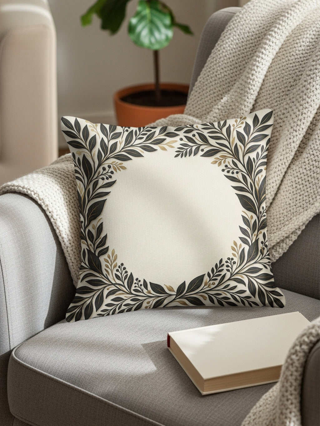 Throw pillow with botanical leaf wreath on armchair with blanket and book.