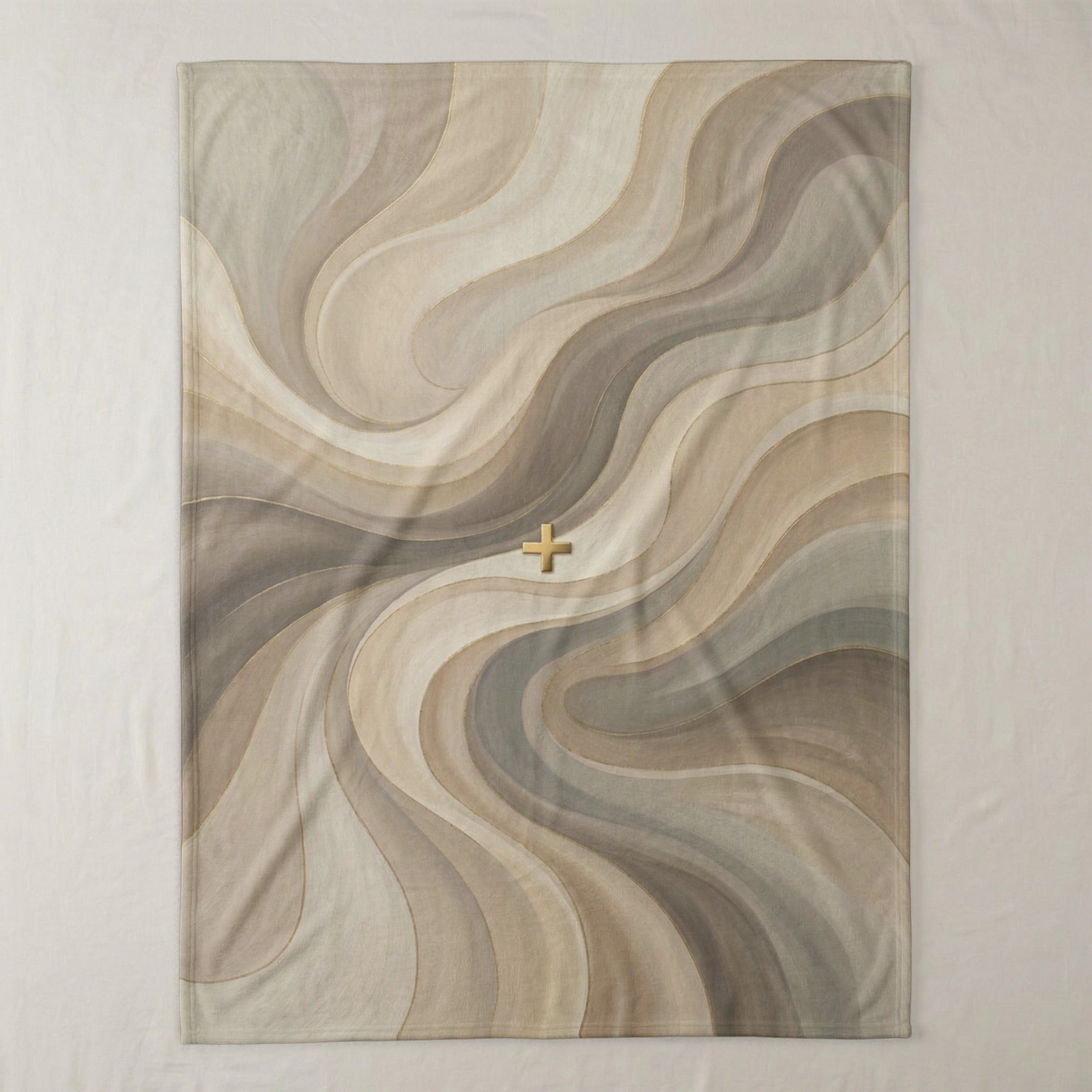 Swirling abstract pattern of neutral tones with a golden plus symbol accent.