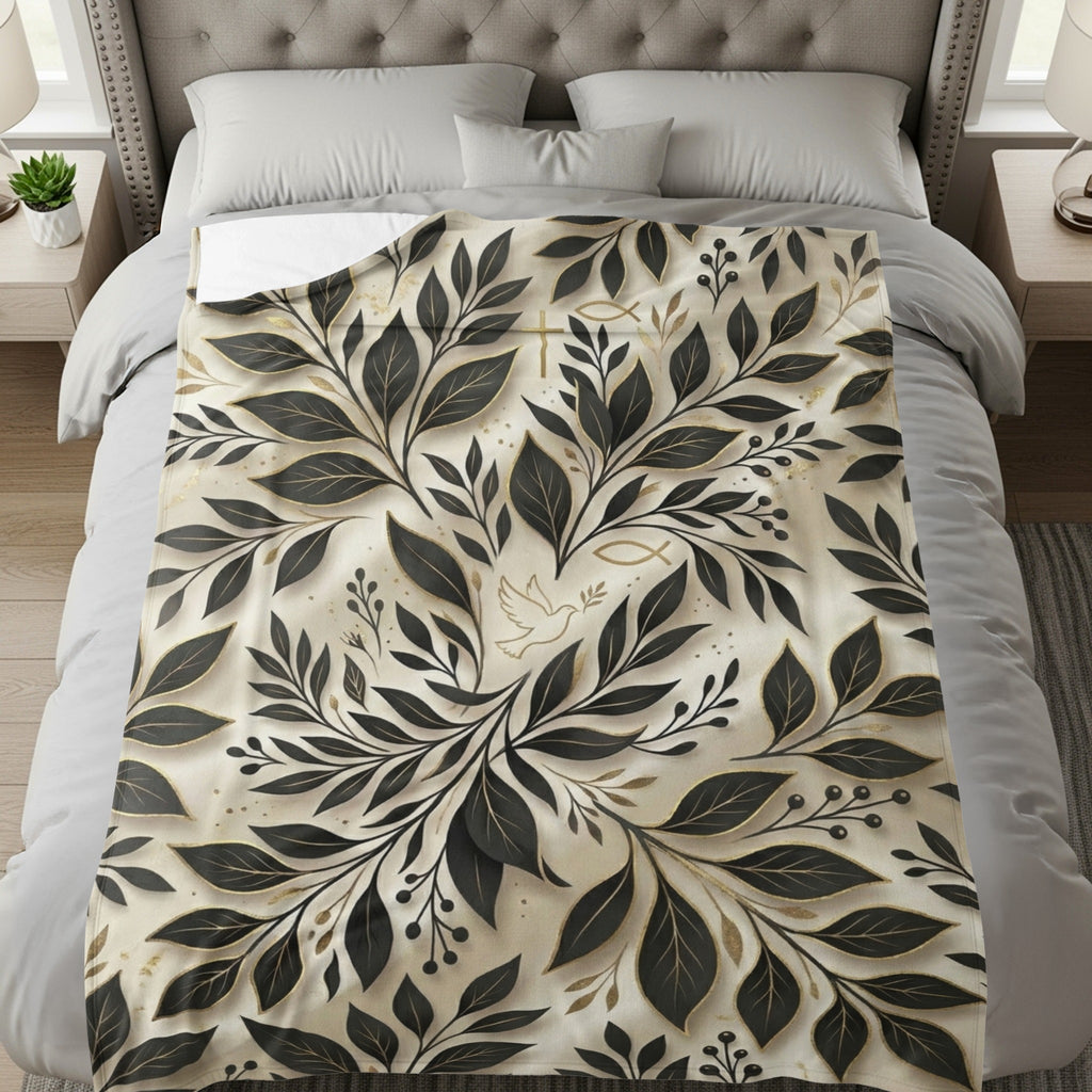 Bed with blanket featuring a black and gold floral leaf pattern with a dove.