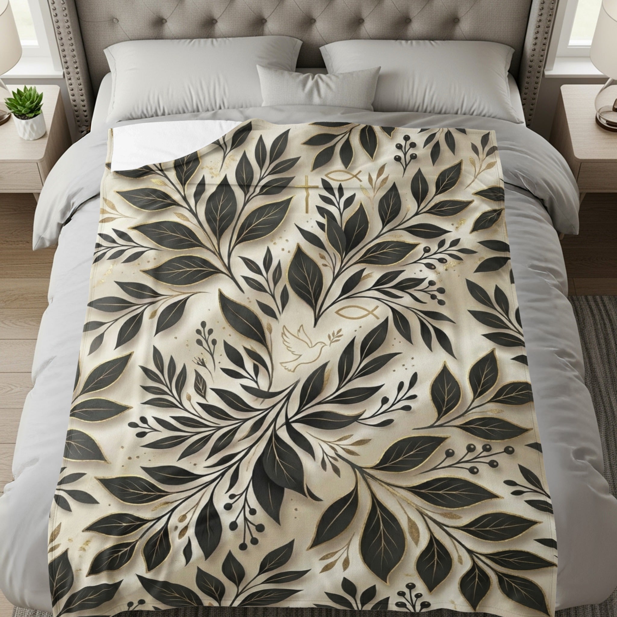 Bed with blanket featuring a black and gold floral leaf pattern with a dove.