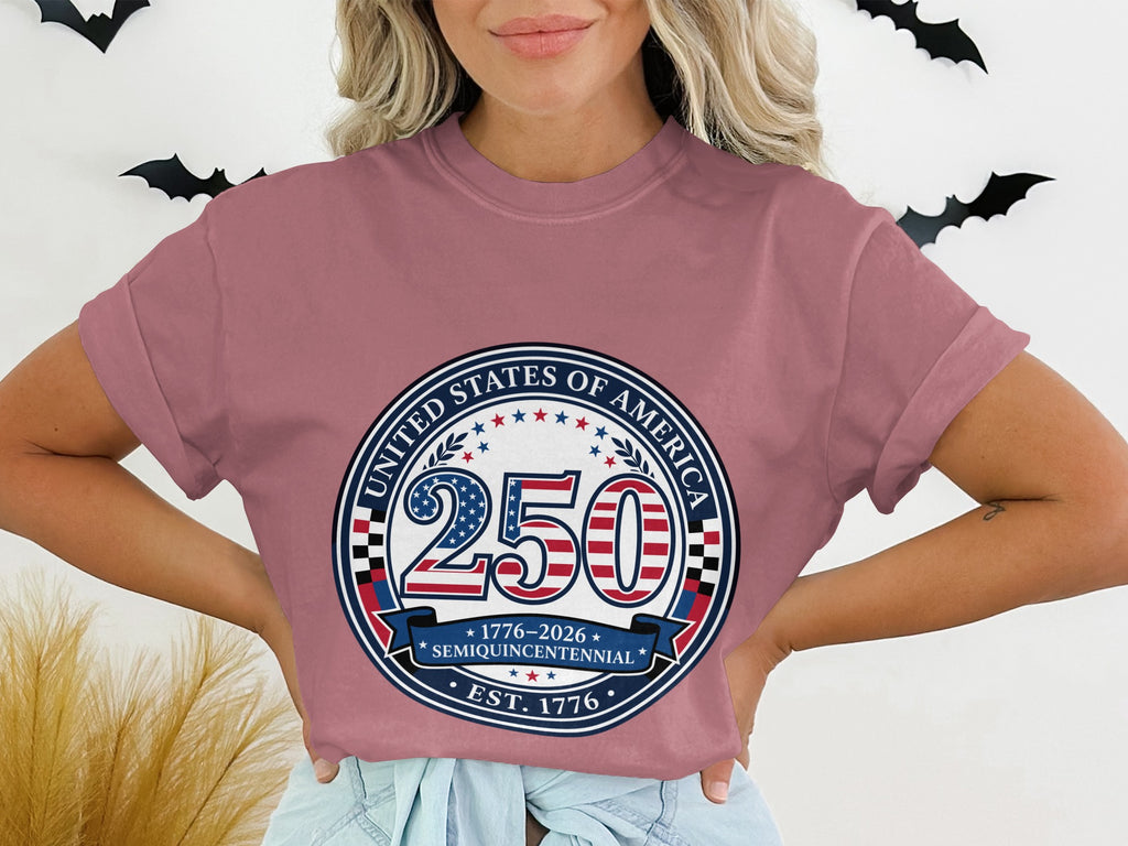 United States Semiquincentennial 250 years graphic on a pink t-shirt.
