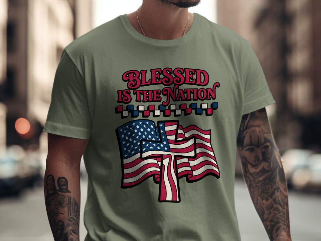 Green t-shirt with "Blessed Is The Nation" text and American flag.
