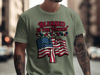 Green t-shirt with "Blessed Is The Nation" text and American flag.