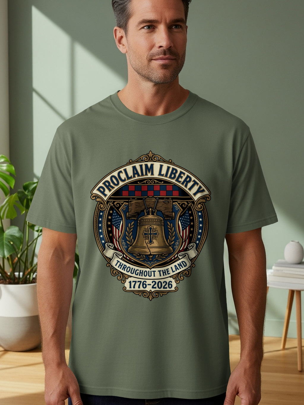 Green t-shirt with a "Proclaim Liberty" emblem featuring the Liberty Bell and dates 1776-2026.